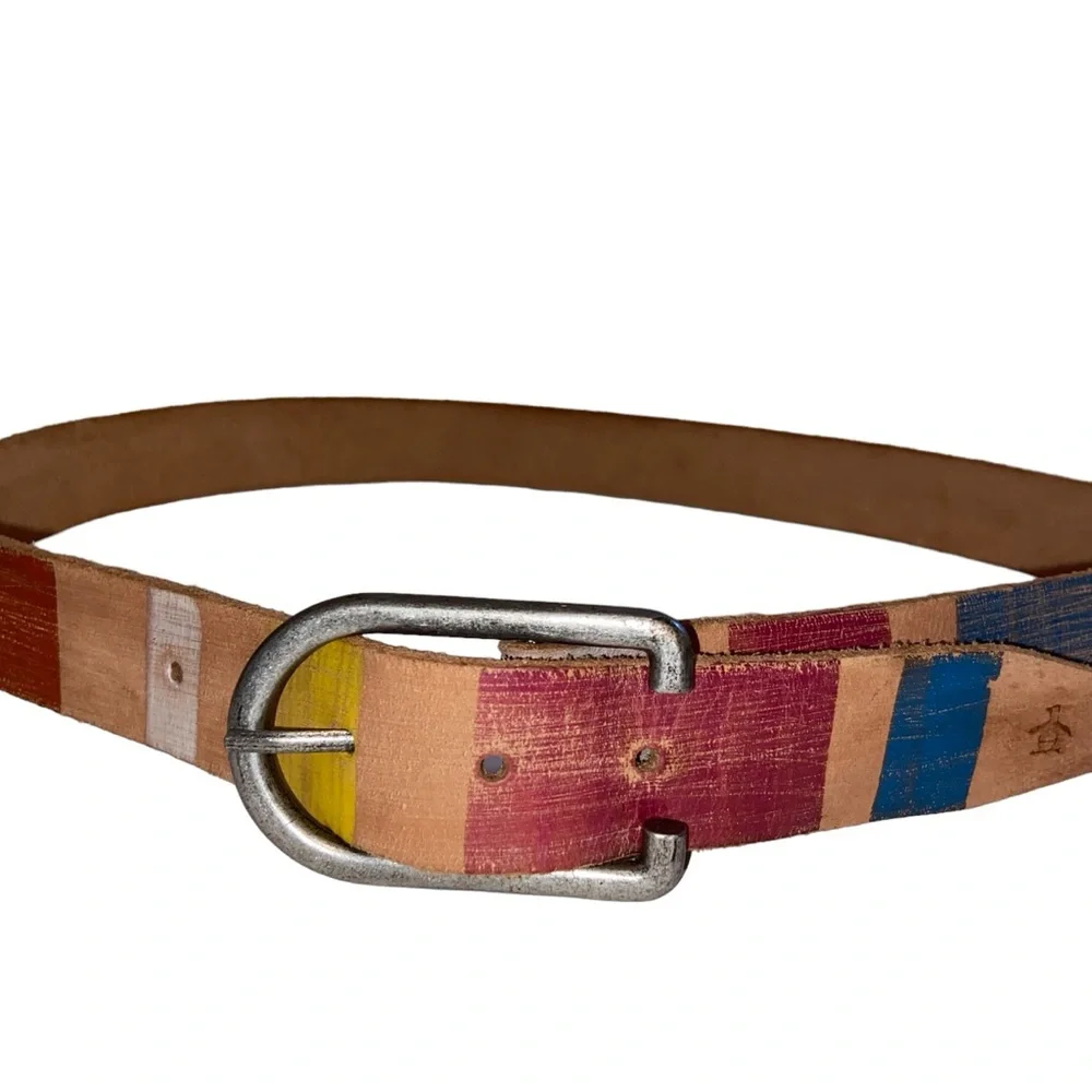 Genuine Leather Belt Made in India Multicolor Striped Silvertone Buckle 34-37”
